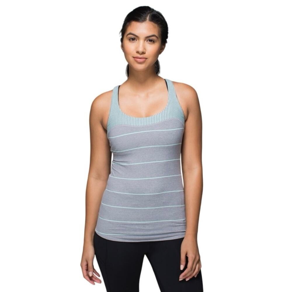 Lululemon Women 4 Run First Base Tank Cliff‎ Hanger Stripe Grey Mint Green Blue
